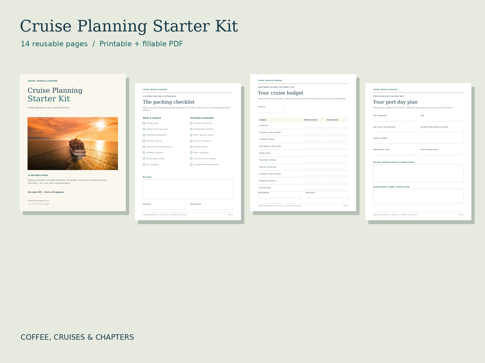 Real page previews of the Cruise Planning Starter Kit
